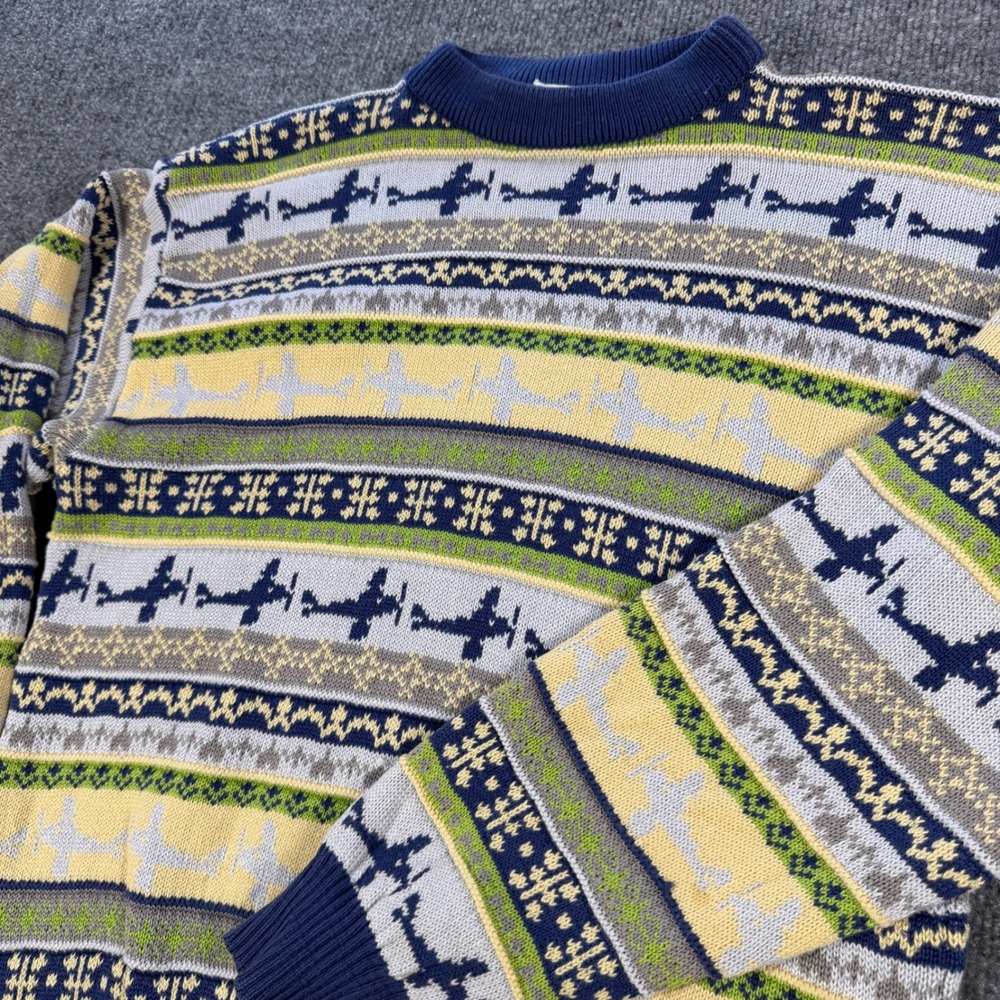 Vintage 90s Doppeldecker Airplane Knit Cotton Sweater Size S Fair Isle Aviation